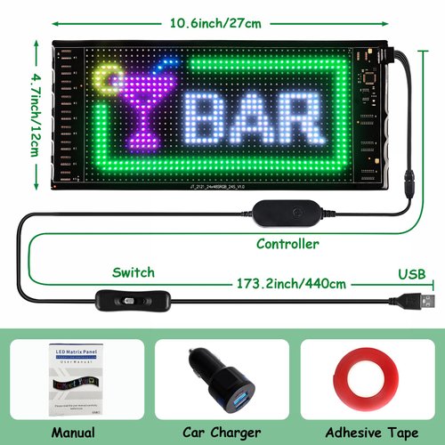 Double Row Programmable LED Sign,Scrolling Bright Advertising LED Signs, Bluetooth App Control Flexible USB 5V LED Matrix Panel,Custom Text Pattern Animation LED Display for Window Store 10.6''x4.7''