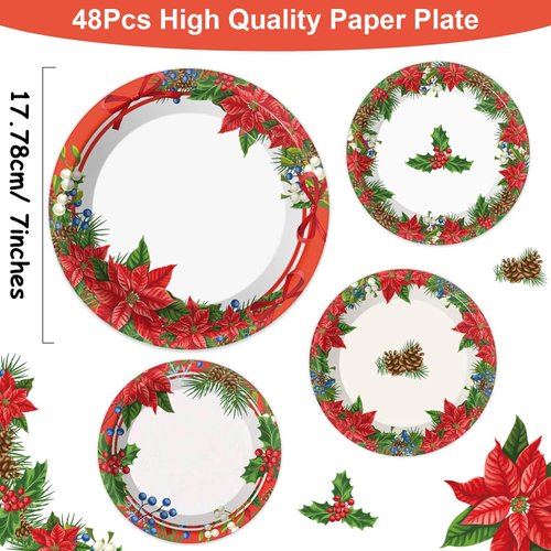 chiazllta 48 PCS Christmas Party Paper Plates Supplies Disposable Christmas Poinsettia Party Dessert Plates Christmas Themed Party Favors Decorations for Holiday New Year