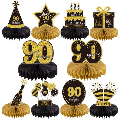 Gexolenu 10 Pcs 90th Birthday Honeycomb Centerpieces Gold Black Cheers to 90 Years Birthday Centerpieces Tables Toppers for 90th Birthday Decorations 90 Fabulous Birthday Party Decorations Supply