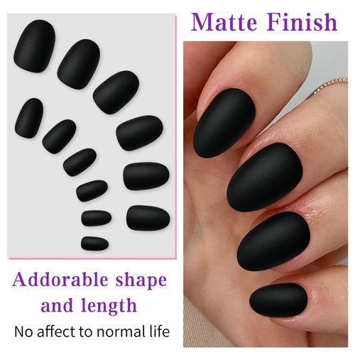 Lifextol 120pc Matte Black Almond Press on Nails Short Oval Fake Nails Press ons with Glue&Sticky Tab, 12 Sizes Acrylic Nails Press on Nails Almond Black Nails Glue on Nail Tips Artificial Fingernail