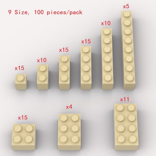 100 Piece Tan Bricks Bulk Assortment Pack, 9 Size Tan Classic Building Blocks Bricks, Compatible with Lego Parts and Pieces(Color: Tan)