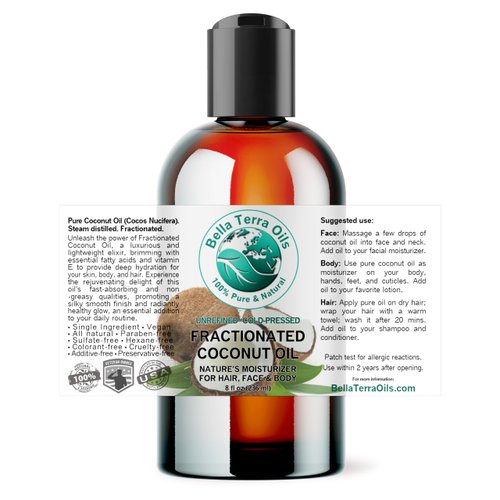 Bella Terra Oils - Organic Fractionated Coconut Oil 8 oz - Experience the Purity of Liquid Coconut, Bursting with Essential Fatty Acids, Elevate Your Skin Rituals