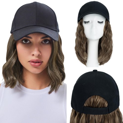 Hairro Cap with Hair Attached For Women Wig Hat with Hair Short Bob style Synthetic Wavy Curly Adjustable Highlight Balayage Ball Cap Wiggy Hair Extensions 8" 180g #10P22T