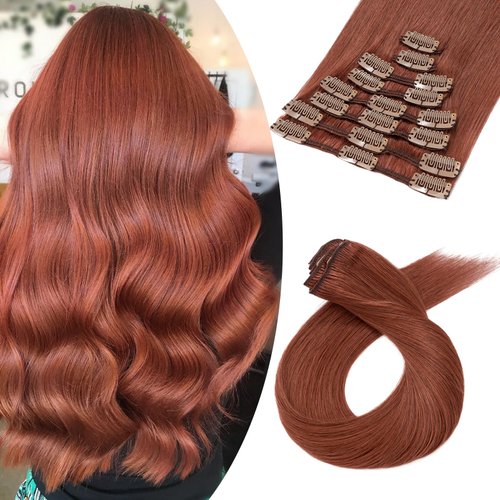Benehair Clip in Hair Extensions Real Human Hair 8pcs 22inch Remy Human Hair Extensions Straight Natural Hair Extensions Dark Auburn