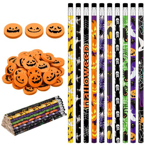 101 Pieces Halloween Pencils Colorful Wood Pencils with Pumpkin Jack-o-lantern Erasers for Hallow...