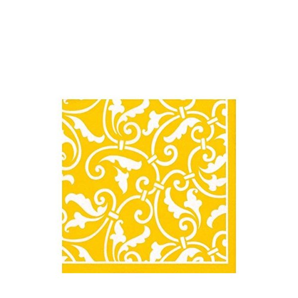 Amscan Highly Absorbent Sunshine Ornamental Scroll Beverage Napkins (16 Pack), 5 x 5", Yellow/White