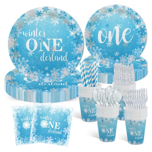 MEHOFOND 192Pcs Winter Onederland Birthday Party Supplies, Happy 1st Birthday Party Decorations for Boy, Blue Snowflake Plates and Napkins Set Disposable One Birthday Party Tableware Dinnerware for 24