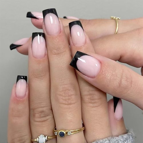 Black French Tip Press on Nails Short Square Nude Fake Nails Glue on Nails Glossy Nude Coffin False Nails Reusable Acrylic Nail for Women Artificial Nails Manicure Decoration Stick on Nails 24Pcs