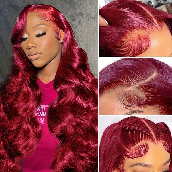 Ptgat 28 Inch 99j Burgundy Lace Front Wigs Human Hair 180% Density 13x4 99j Body Wave Lace Front Wigs Human Hair Wine Red Colored Pre Plucked Glueless HD Lace Frontal Wigs For Women