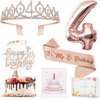 4th Birthday Decorations Girl, Including 4 year old Birthday Cake Topper, Birthday Queen Sash with Pearl Pin, Sweet Rhinestone Tiara Crown, Number Candles and Balloons Set, Rose Gold