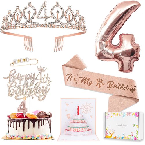 4th Birthday Decorations Girl, Including 4 year old Birthday Cake Topper, Birthday Queen Sash with Pearl Pin, Sweet Rhinestone Tiara Crown, Number Candles and Balloons Set, Rose Gold