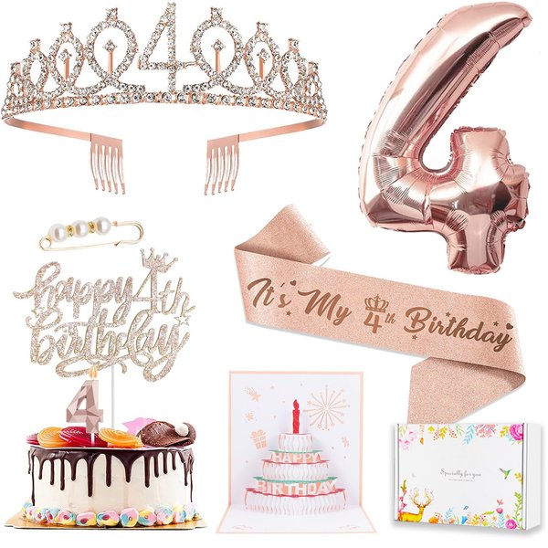 4th Birthday Decorations Girl, Including 4 year old Birthday Cake Topper, Birthday Queen Sash with Pearl Pin, Sweet Rhinestone Tiara Crown, Number Candles and Balloons Set, Rose Gold