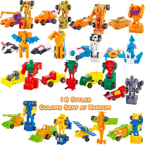 SCKTYZS Morphing Robot Construction Toy Cars Mini Pull Back Vehicles Set of 16 Action Figure Party Supplies Birthday Favors Decorations Kit for Toddlers Kids Boys Prizes Goodie