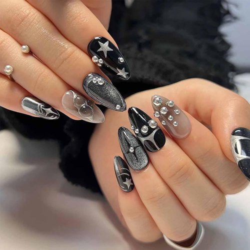 IMSOHOT Press on Nails Medium Almond Black Y2K Ombre Fake Nails with Steel Beads Charms Design Gel Glue on Nails Full Cover Acrylic Artificial Stiletto False Stick on Nails for Women Girls 24Pcs