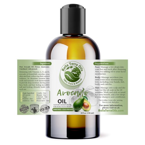 Bella Terra Oils - Avocado Oil 8 oz - A Luxurious Dive into Natural Avocado Benefits, Enriched with Potassium & Folic Acid, Elevate Your Skin Care Routine