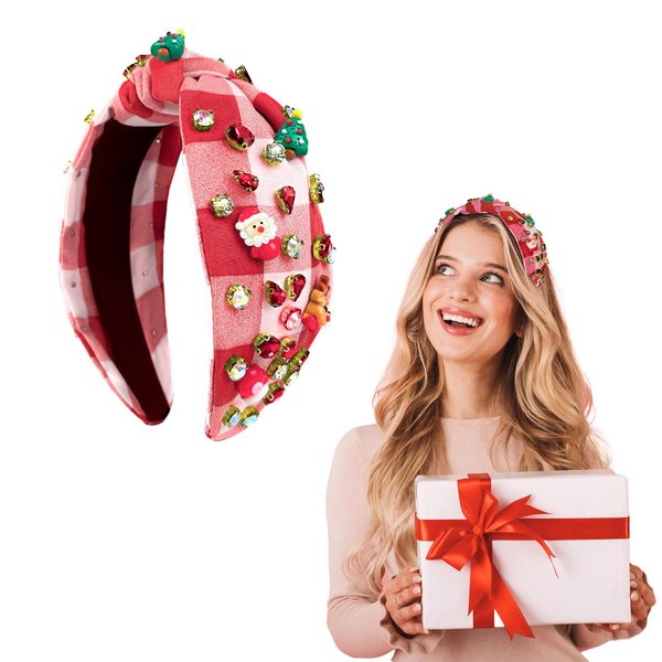 Vanaure Christmas Headbands for Women, Knotted Headband with Christmas Decorations, Rhinestone Headbands for Women, Christmas Wide Headbands for Women, Red and White Headband…