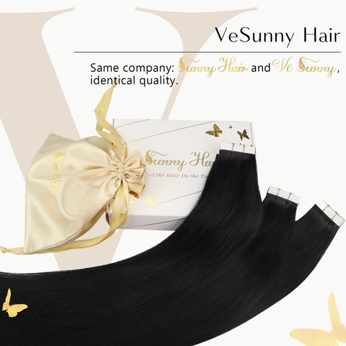 Ve Sunny Black Tape in Hair Extensions Human Hair #1 Jet Black Tape in Human Hair Extensions Adhesive Pu Tape in Hair Extensions Real Human Hair Black Hair Extensions Skin Weft 25g 10pcs 16inch