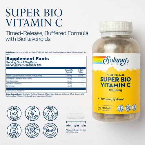 Solaray Super Bio Vitamin C 1000mg, Buffered, Time Release Capsules with Bioflavonoids, Two-Stage for High Absorption & All Day Immune Support, Vegan, 60 Day Guarantee, 125 Servings, 250 VegCaps