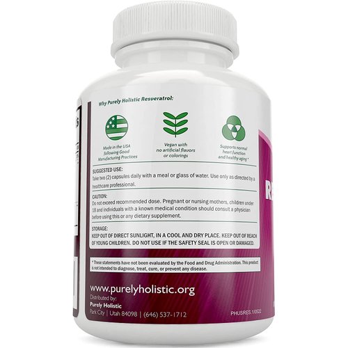 Purely Holistic Resveratrol 1450mg, 90 Servings, Trans-Resveratrol Antioxidant Supplement with Vitamin C and Polyphenol Complex, 180 Vegan Capsules, Promotes Anti Aging & Cardiovascular Health