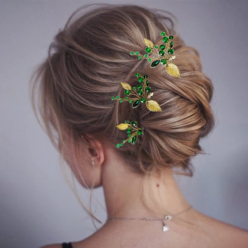 3 Pcs Gold Leaf Bride Hair Pins Green Crystal Rhinestone Hairpins Bridal Hair Pieces Wedding Hair Clips Party Hair Accessories for Women and Girls