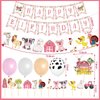 Hungdao 58 Pcs Farm Animals Birthday Party Decorations Pink Barnyard Farm Animal Party Supplies Include Cow Print Balloons, Farm Animal Cupcake Toppers, Happy Birthday Banner for Kids Girl Baby Shower