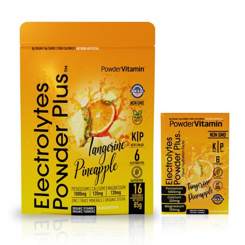 PowderVitamin Electrolytes Powder Plus, Keto, Tangerine Pineapple, Sugar Free, Pink Himalayan Salt, 1000mg Potassium, 120mg Calcium, 120mg Magnesium, Non-GMO, Zero Calories, (16 Hydration Packets)