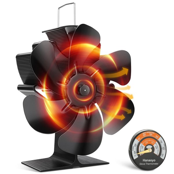 Hanaoyo Wood Stove Fan, 6 Blades Wood Stove Fan Heat Powered, Fireplace Fan with Magnetic Thermometer, Wood Stove Accessories, Non Electric Fan for Wood/Log Burner Stove