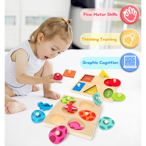SIERLIKY Wooden Peg Puzzle for Toddlers,Montessori Toys for Kids，Wooden Learning Color Sorting Shape Puzzles for Boys Girls, Dinosaur Match Eggs Developmental Sensory Matching Games