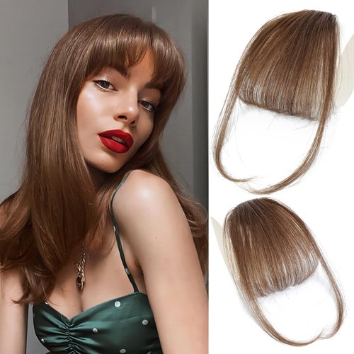 WECAN Clip in Bangs 100% Human Hair Extensions Medium Brown bangs hair clip Fringe with Temples Wigs for Women Everyday Wear Curved Bangs (M Medium Brown)