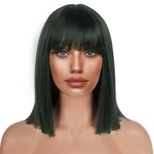 LANCAINI Short Bob Wigs with Bangs for Women Synthetic Straight Hair Bob Cut Wig Shoulder Length Fashion Bob Cosplay Wig for Girl (DarkGreen)