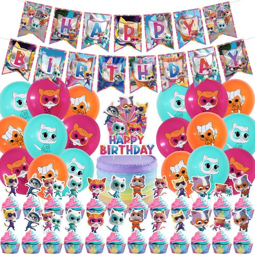 Super Cat Birthday Party Decorations, Super Cat Hero Includes Birthday Banner, Cake Topper, Cupcake Toppers, Balloons for Boys and Girls Party Decorations
