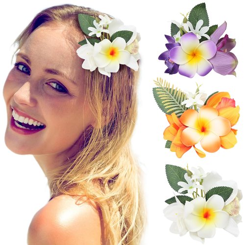 LACGO 3 PCS Hawaiian Flower Hair Clips - Plumeria Clips for Women Hibiscus Beach Party Girls Accessories Artificial Foam Orchid Kids Barrettes Wedding Bridal Tropical Luau Party(Purple,Orange,White)