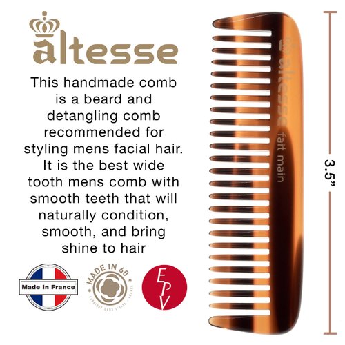 Altesse 11132 Small Wide Tooth Comb Tortoiseshell Mustache Comb for Men (3.5") with Pocket Comb Synthetic Leather Case. Essential Facial Hair Travel Comb For Any Beard Kit for Men. Handmade in France