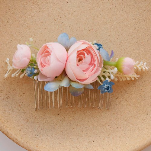 MAFELOE Artificial Flower Bridal Hair Comb, Wedding Hair Side Comb, Hair Accessories for Women and Girls-Pink+Blue