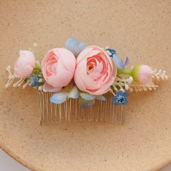 MAFELOE Artificial Flower Bridal Hair Comb, Wedding Hair Side Comb, Hair Accessories for Women and Girls-Pink+Blue