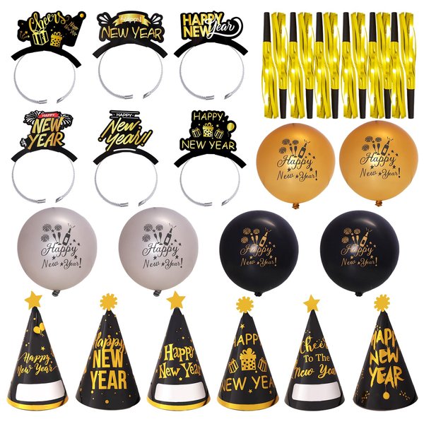 Fumwase 39 PCS New Year Eve Party Supplies 12Pcs Happy New Year Headband 12Pcs Noise Makers 15Pcs Happy New Year Decorations Balloons Happy New Year Party Decoration Kit (Happy New Year)