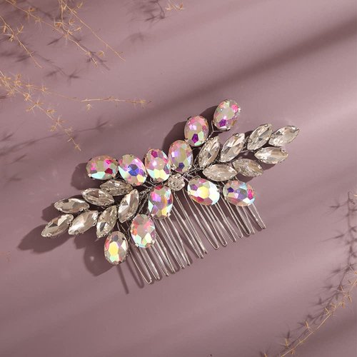 Teyglen Women Simple Full Rhinestones Bride Wedding Hair Comb Luxurious Hair Accessories Shiny AB Color Rhinestones Bridal Side Hair Combs for Women Bride Girls (AB Color)