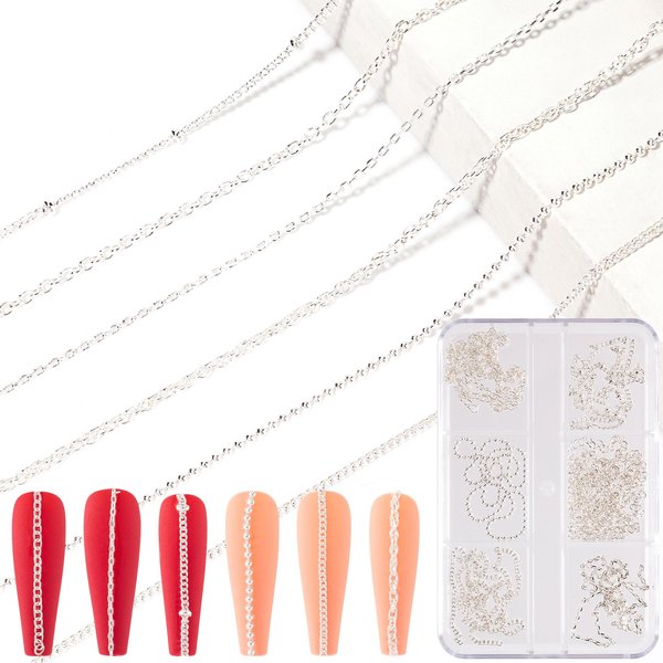 Mxxipp 6 Stripes Nail Chains for Nail Art Silver Alloy Metal Nail Art Chains Silver Nail Charms Punk Nail Studs