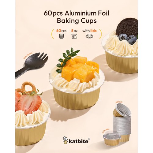 Disposable Ramekins with Lids - Katbite 60 Pack 5oz Aluminum Foil Cupcake Baking Cups, Muffin Tins for Creme Brulee, Desserts, Baking - Gold