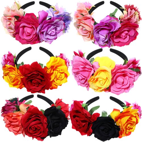 Yunsailing 6 Pcs Mexican Rose Flower Crown Headband Mardi Gras Headpiece Cosplay Headgear for party(Cute)