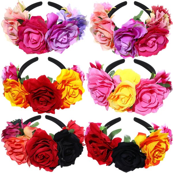 Yunsailing 6 Pcs Mexican Rose Flower Crown Headband Mardi Gras Headpiece Cosplay Headgear for party(Cute)
