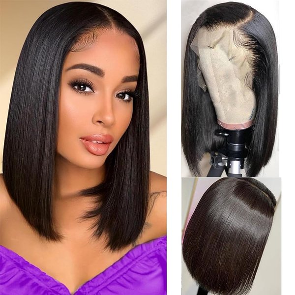 Lace Front Bob Wigs Human Hair 13x4 HD Lace Glueless Bob Wig Human Hair Short Straight Frontal Bob Wigs for Women Human Hair Pre Plucked with Baby Hair Side Part 180% Density Natural Black 14 Inch