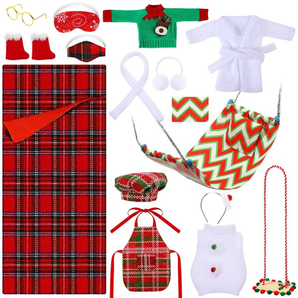 Glimin 1 Set Christmas Elf Doll Accessories Kits 2024 Includes Apron Chef Hat Hammock Swing Sleeping Bag Bathrobe Sweater Dress Headwear Scarf Ear Muffs Eye Mask Glasses Shoes for Elf Doll(Reindeer)