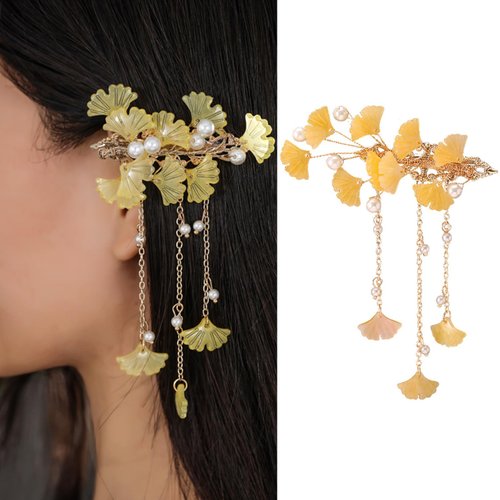 Ginkgo Leaf Tassel Hair Clips Vintage Leaf Metal Hairpin Autumn Hair Accessories for Women Girls Gold Tassel Headwear for Daily Use 1 PCS