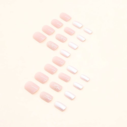 IMSOHOT Square Press on Nails Short White French Fake Nails Nude Pearlescent Full Cover Acrylic False Nails Glitter Glue on Nails Glossy Squoval Nails 24Pcs