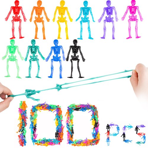 NiHome 100PCS Halloween Stretchy Toys Skeleton Toy Set, Halloween Goodie Bag Stuffers Fillers, Halloween Party Favors for Kids Stretchy Skeleton, Assorted Colors Trick or Treat Stretchy Toys
