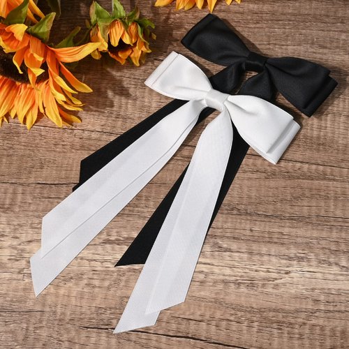 2PCS Silky Satin Hair Bows Hair Clip Black White Hair Ribbon Ponytail Holder Accessories Slides Metal Clips Hair Bow for Women Girls Toddlers Teens Kids