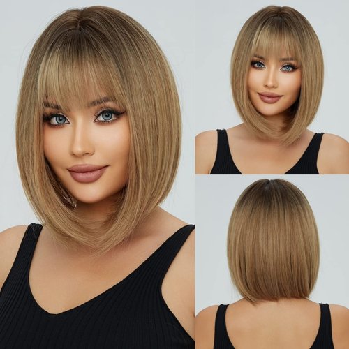 EMMOR Ombre Brown Bob Wig with Bangs 15" Short Bob Wigs for Women Heat Resistant Synthetic Wig Natural Looking for Daily Use(Ombre Brown)