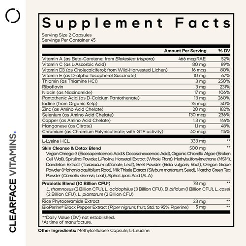 Codeage Clearface Pantothenic Acid, Niacin Supplement, Vitamins A, C, D3, E, Probiotics, Zinc, Riboflavin, Thiamin, L-Lysine HCL & Omega-3, Niacinamide, Skin Botanical Blend - Non-GMO - 90 Capsules