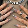 IMRAIN French Tips Press on Nails Medium Almond Fake Nails Silver Chrome Glossy Glue on Acrylic Nails Full Cover Nude Nature Handmade Gel False Nails Press ons Y2K Finger Manicure Decorations